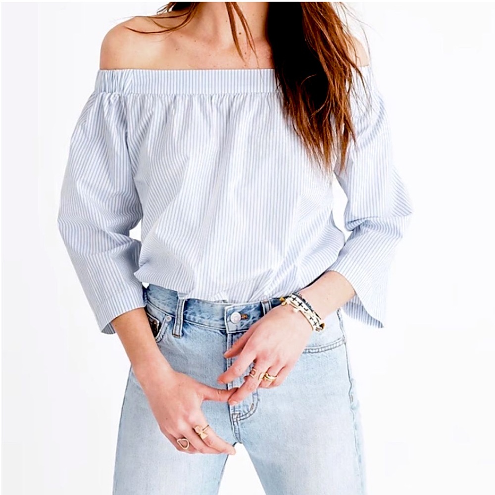 Madewell | Off-the-Shoulder Top | Blue & White Stripe | Size M
